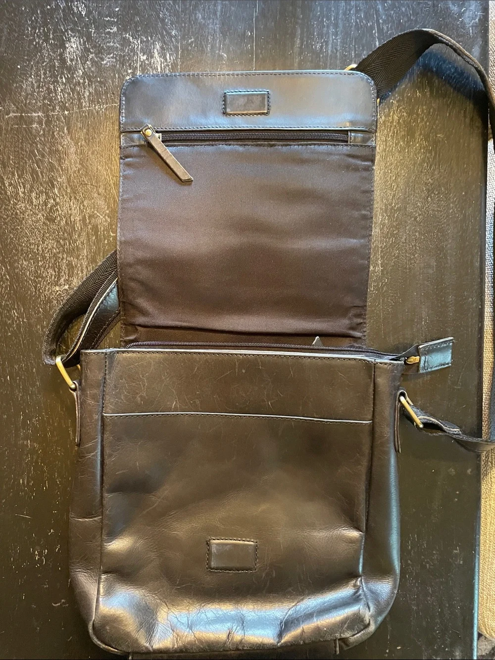 Kodiak Black Leather Messenger Bag with Gold Hardware